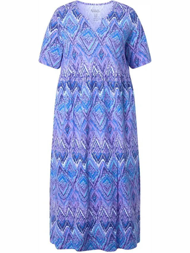 Ulla Popken Dames - Maxi-jurk met motief A-lijn tuniekhals korte mouwen - Koningsblauw - Maat 66+
