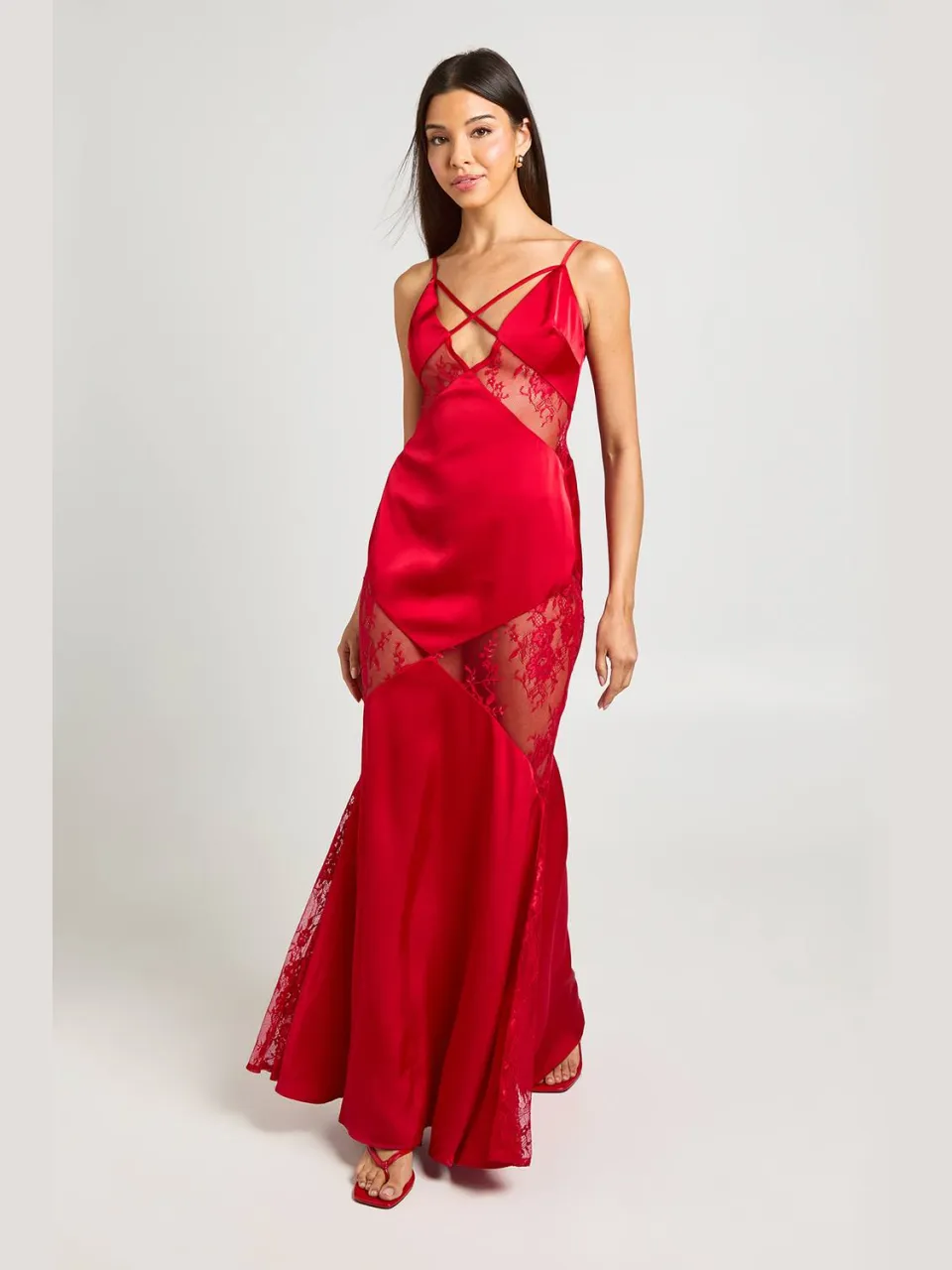 boohoo Dames Satijn & Kant Mix Panelen Maxi Jurk Rood