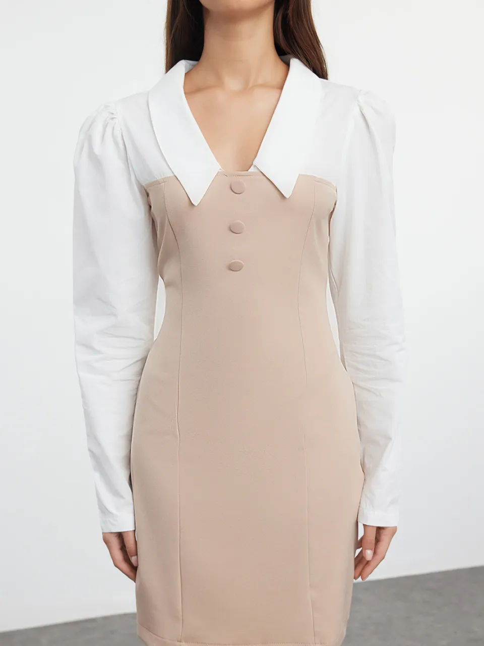 Trendyol TRENDYOLMİLLA Dames Bruin Colorblock Kort / Mini Lang Avond / Dagelijks Bodycon Jurken, foto 2