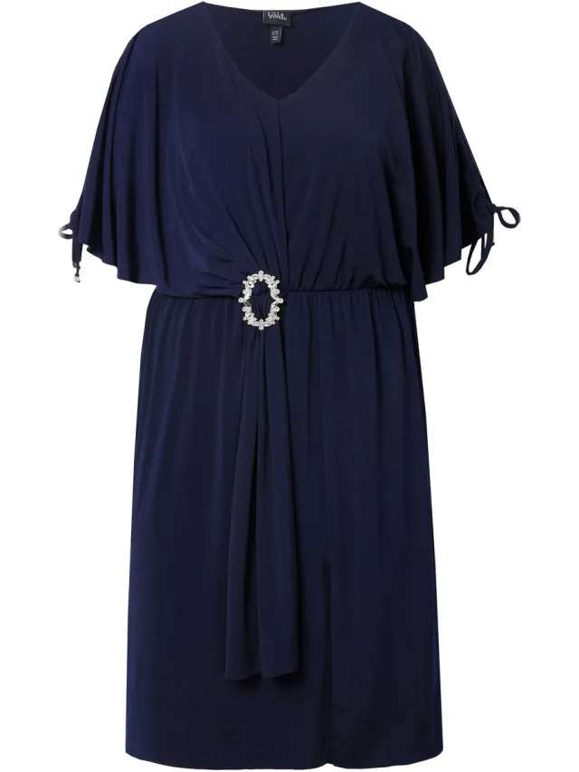 Ulla Popken Dames - Midi-jurk oversized mooie gesp mouwen met rimpelband - Marine - Maat 50+