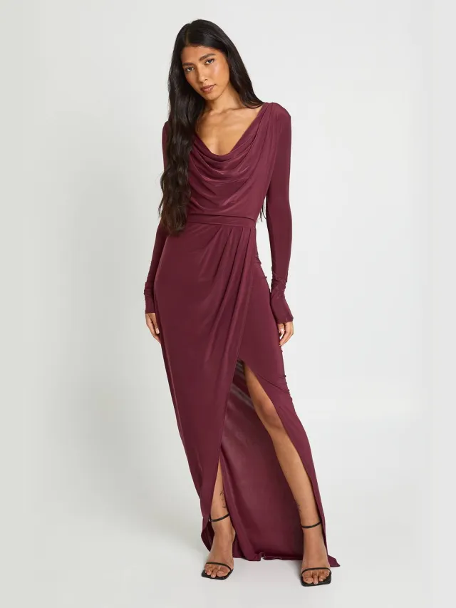 boohoo Dames Tall Slinky Geplooide Wikkel Lange Mouw Maxi Jurk Pruim