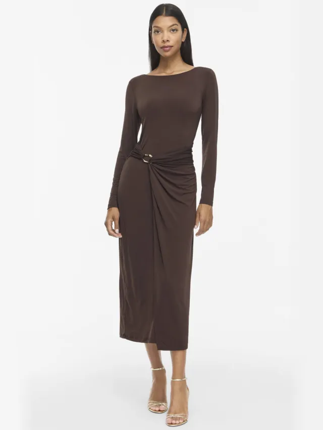 Vila Vijustine Boatneck L/S Midi Dress/Dc midi jurk met plooien - donkerbruin
