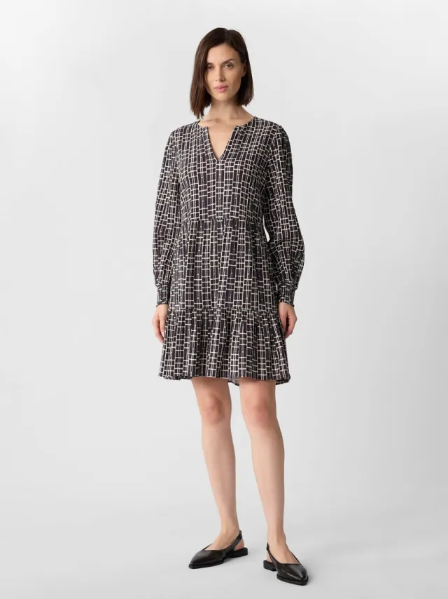 Comma female - Jurk met gestructureerde print, manchetten en volants navy