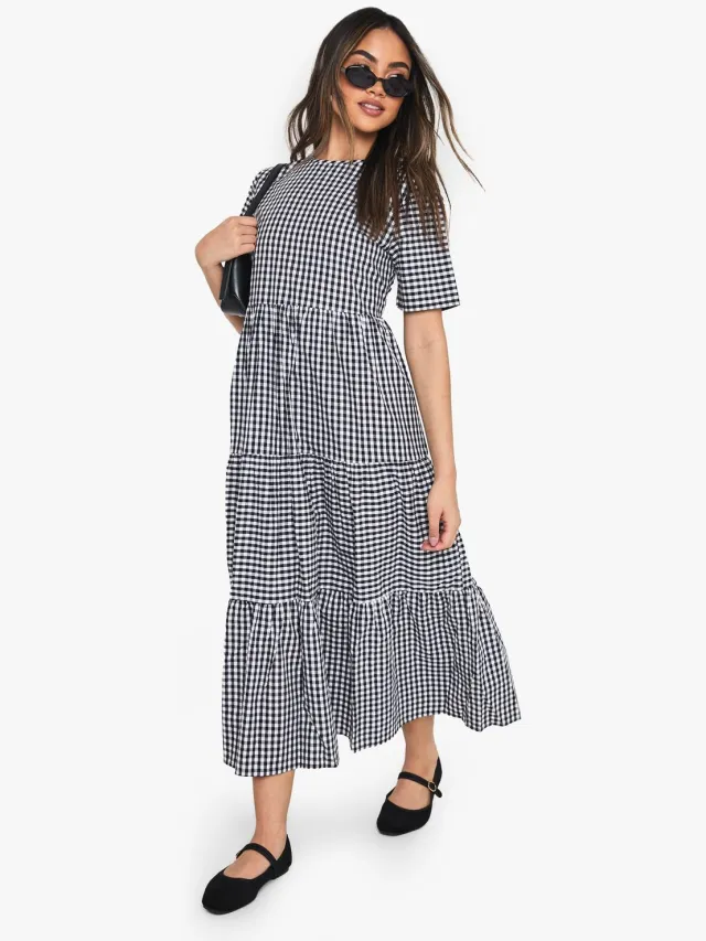 boohoo Dames Katoenen Gingham Midaxi Smockjurk Zwart