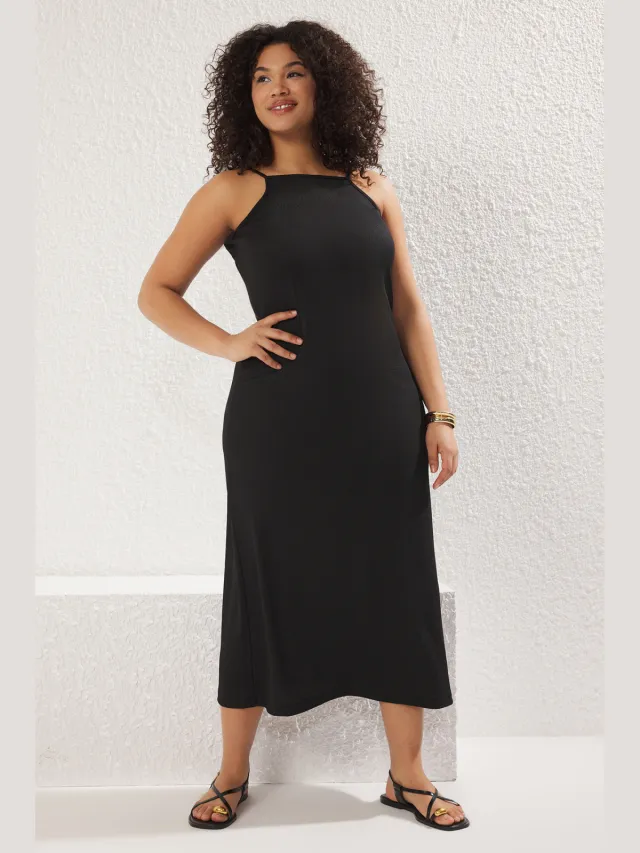 Trendyol Curve Dames Zwart Effen Maxi Mouwloos Casual A-lijn Grote maten Jurk