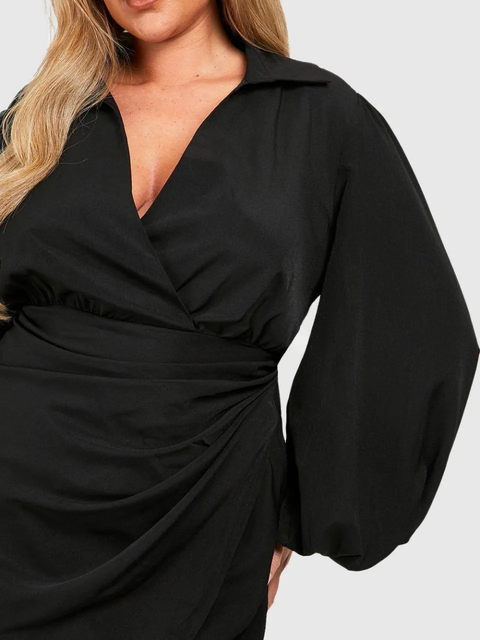 boohoo Dames Plus Blouson Mouw Wrap Jurk zwart, foto 3