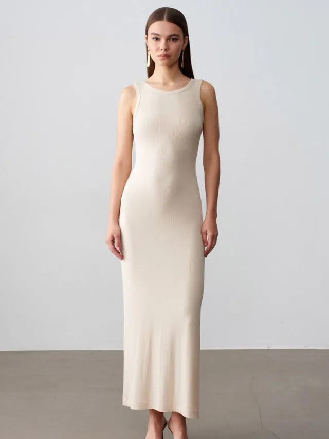 Dilvin Geribbeld Mouwloos Bodycon Maxi Jurk Naturel