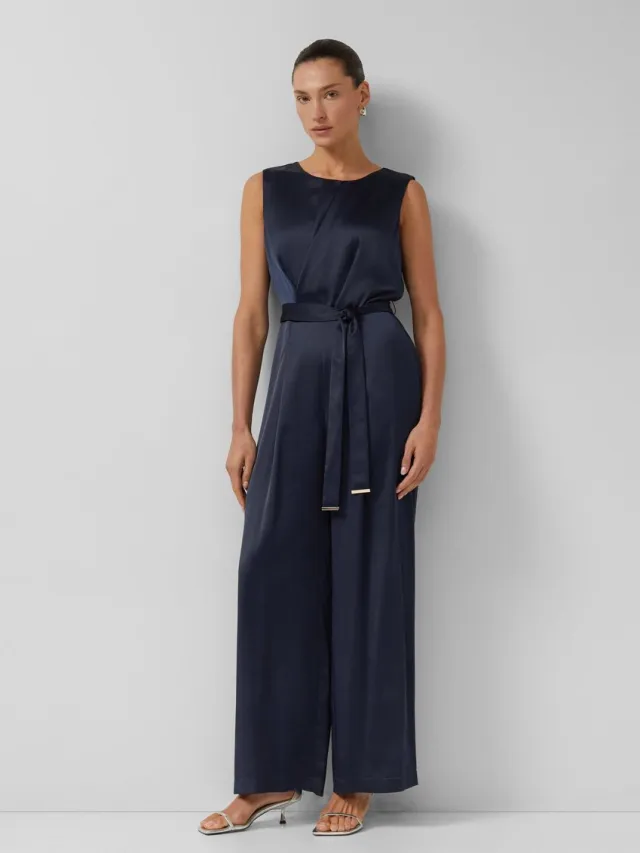 S.Oliver female - Satijnen jumpsuit met strikceintuur navy