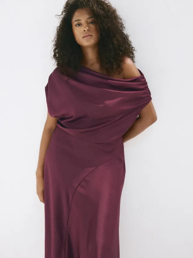 Mango one shoulder midi jurk - donkerpaars