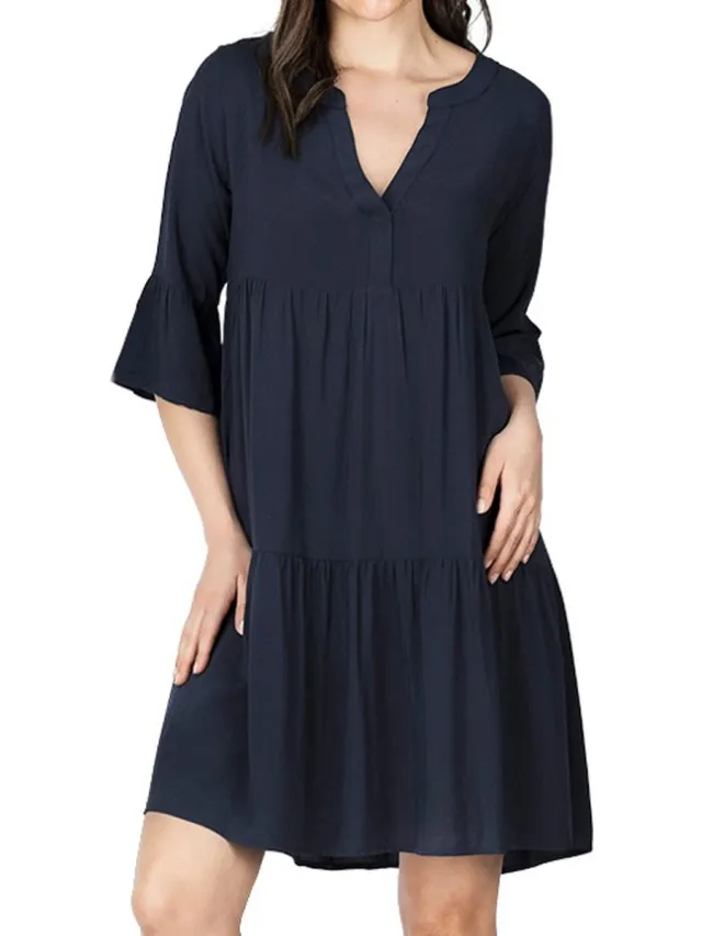 DENIMFY Dames Jurk DFFrida regular fit Blauw L/XL V Hals Volwassenen Zomerjurk Navy
