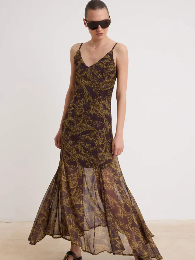 Trendyol TRENDYOLMİLLA Dames Bruin Paisley Maxi Mouwloos Skater Jurken