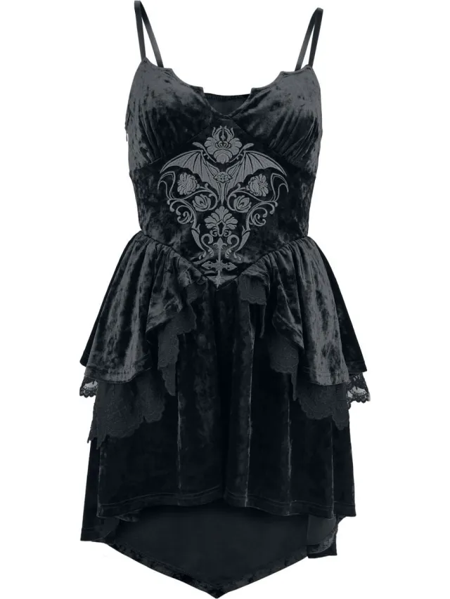 Gothicana zwarte fluwelen jurk met kanten details en vetersluiting - Dames