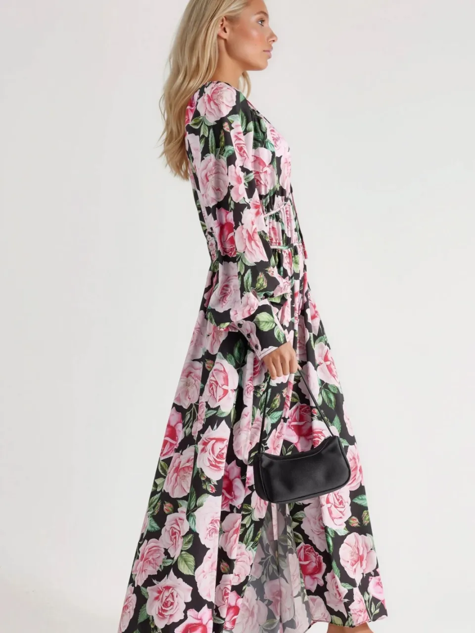 MSN Collection Bloemen Maxi Jurk met Striksluiting zwart, foto 2