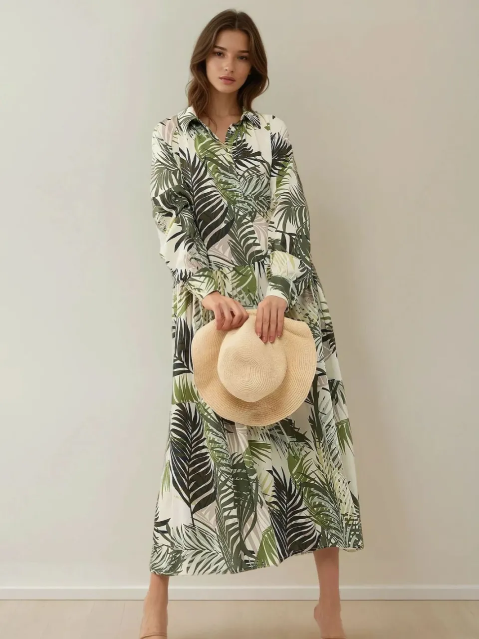 Hiccup Shirtkraag Bloemenpatroon Maxi-jurk Kaki