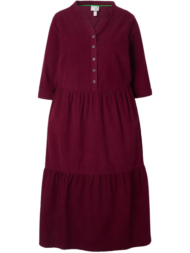 Ulla Popken Dames - Maxi-jurk van corduroy opstaande kraag V-hals lange mouwen - Wijnrood - Maat 54+