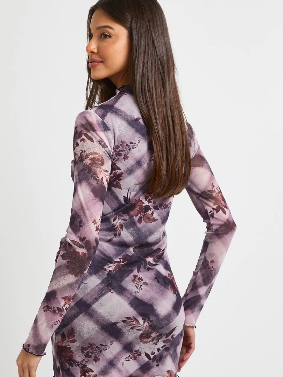 boohoo Dames Geruit Mesh Mini-jurkje Met Gerimpelde Taille violet, foto 2