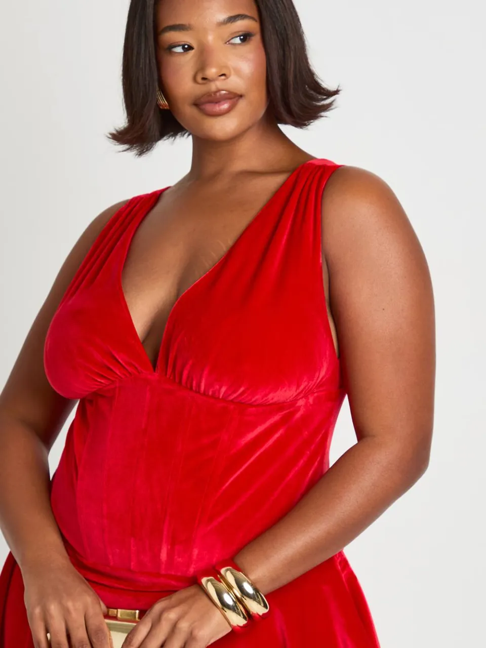 boohoo Dames Plus Gerafelde Boezem Draperende Voorkant Skaterjurk rood, foto 4