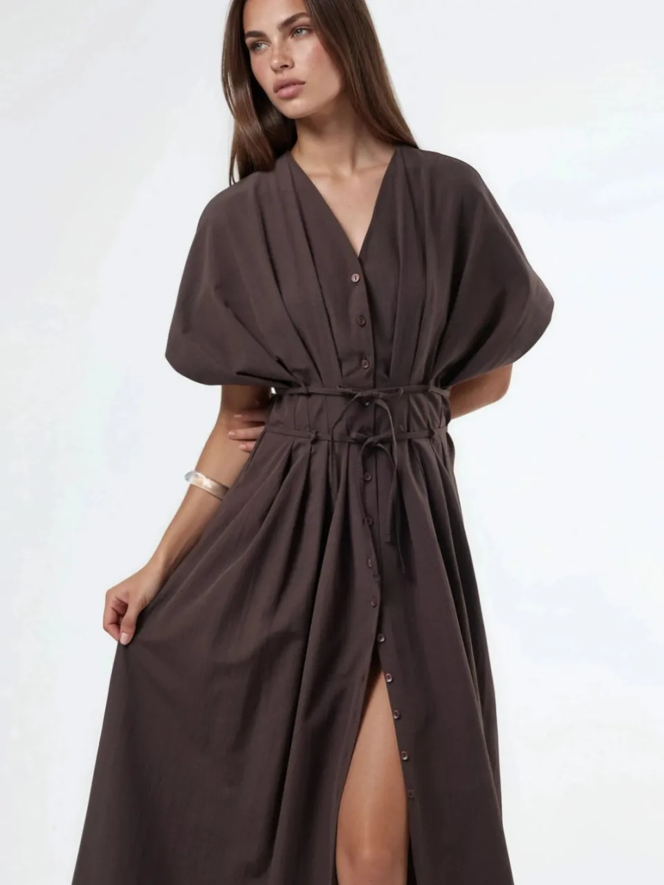 Busem Casual V-hals Midi Shirtjurk bruin, foto 2
