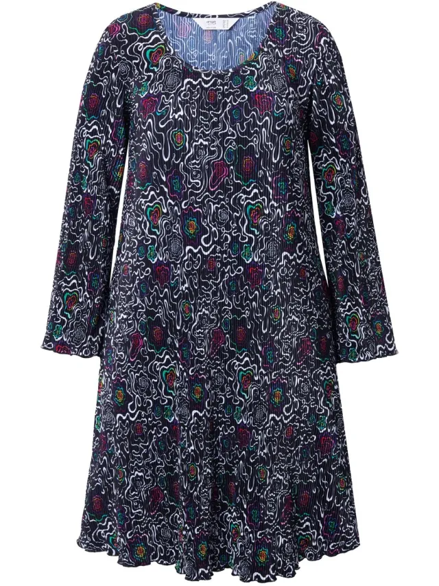 Angel of Style Dames - Geplooide jurk A-lijn all-over motief trompetmouwen - Zwart
