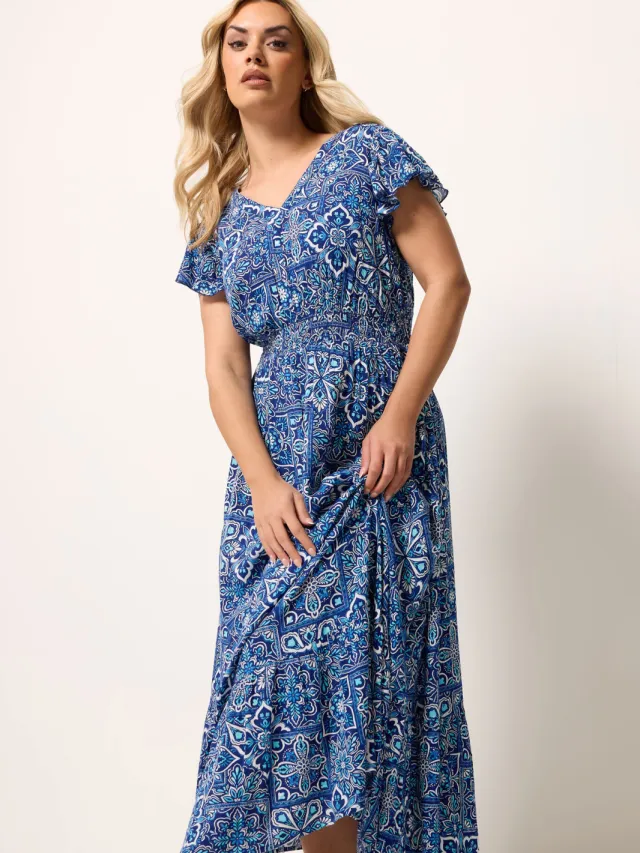 Yours Blauwe Maxijurk Met Tegelprint-52 Blue