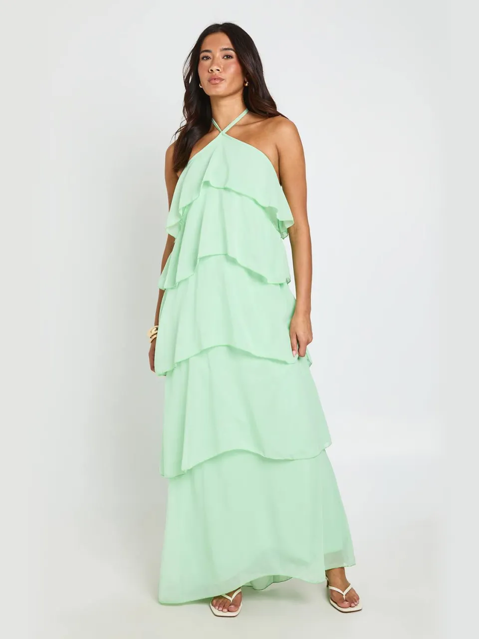 boohoo Dames Chiffon Gelaagde Halternek Maxi Jurk munt, foto 2