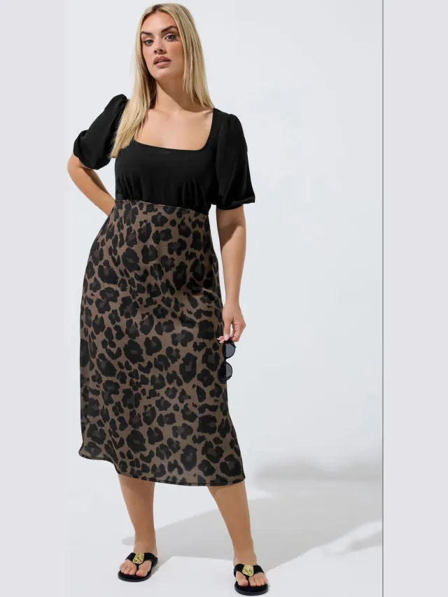 Limited Collection Bruine Luipaardprint Gemixte Jurk Brown