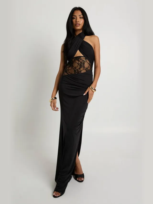 boohoo Dames Halter Neck Maxi Jurk met Kant Inzet Zwart