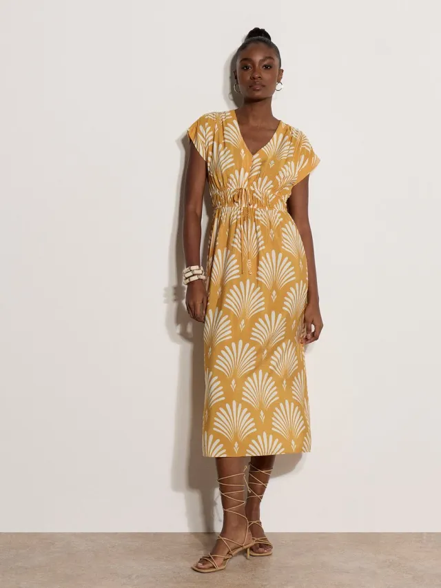 Apricot Midaxi-jurk met waaierprint Mosterd