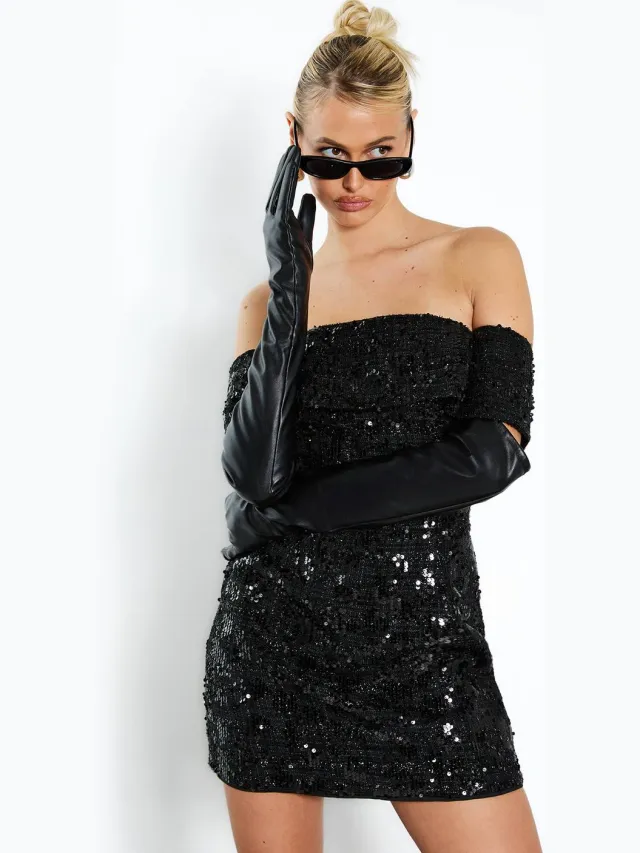 boohoo Dames Bardot Boucle Pailletten Shift minijurk Zwart