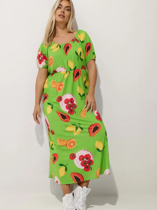 Limited Collection Groene Fruit Print Bardot Jurk Green
