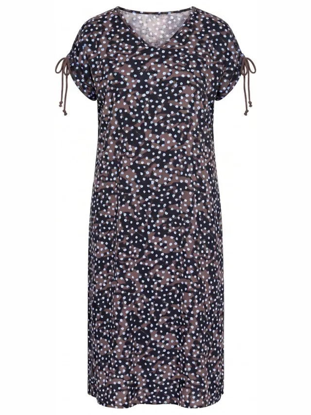 Ulla Popken Dames - Midi-jurk polka dots V-hals schouderplooien - Donkertaupe - Maat 54+