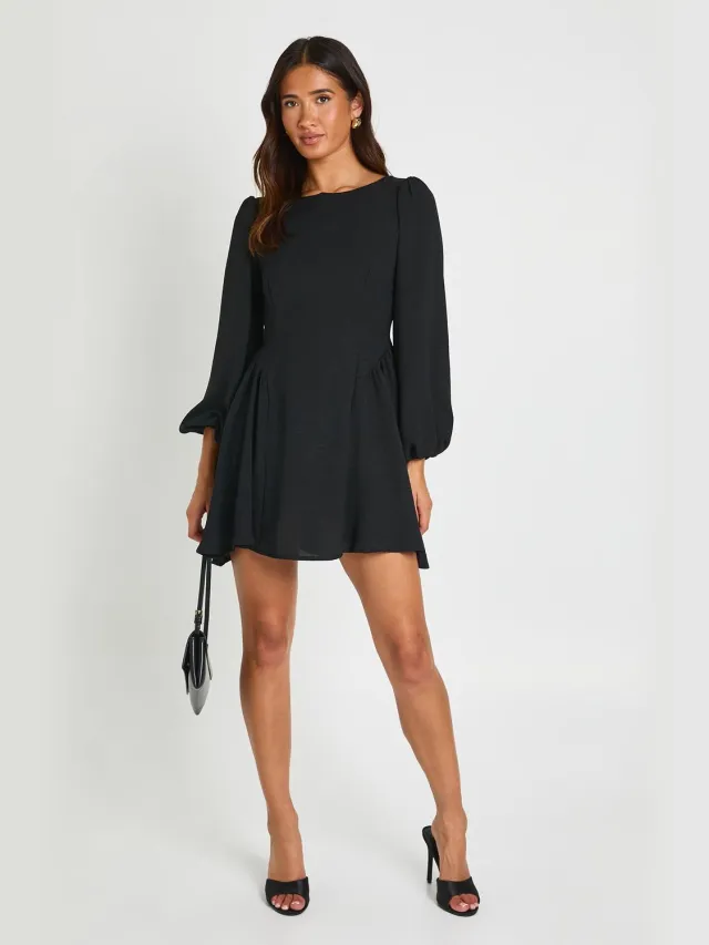 boohoo Dames Mini-jurk Met Gehamerde Stof En Ballonmouwen Zwart