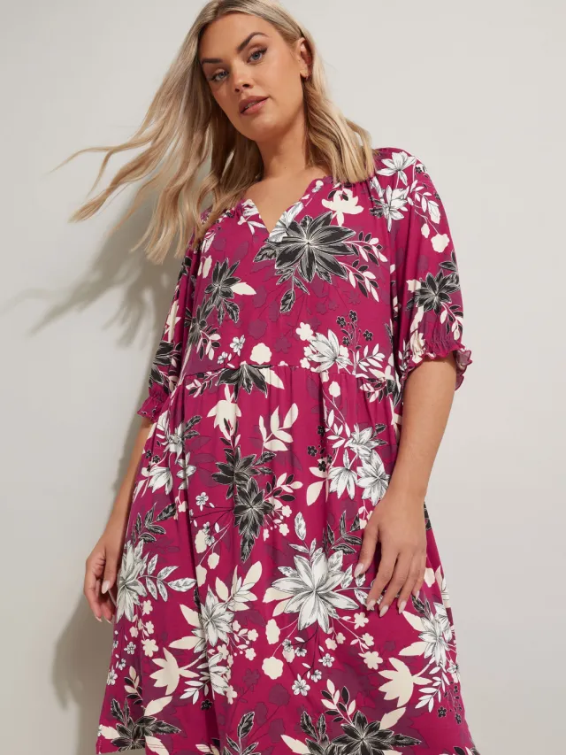 Yours Mini Jurk Met Bloemenmotief En Inkeping In De Hals In Roze/Wit-52 Pink