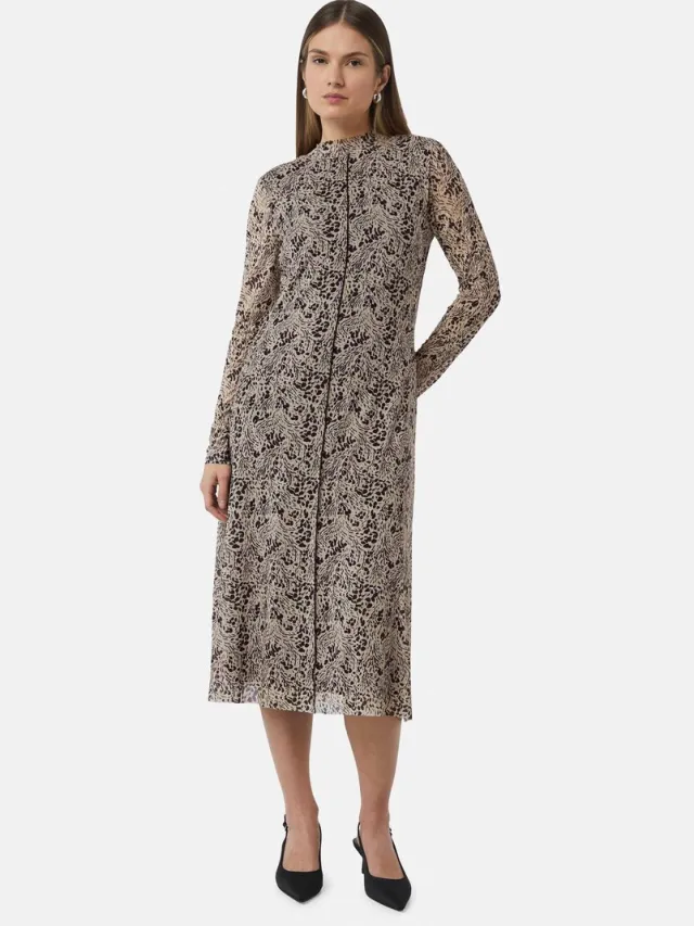 Comma female - Midi-jurk van mesh met hoge sluiting zandsteen