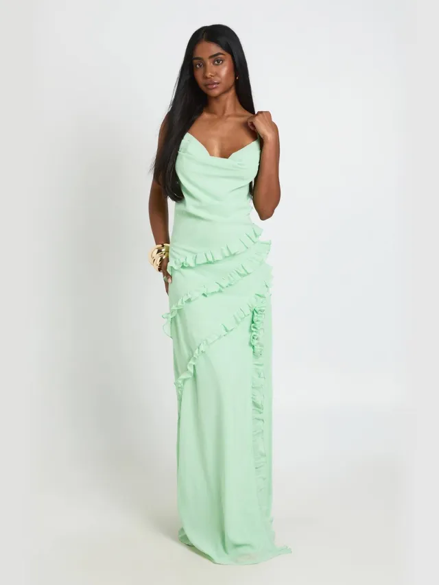 boohoo Dames Chiffon Maxi Jurk Met Watervalhals En Ruche Details Munt