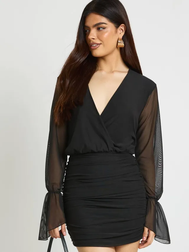 boohoo Dames Mesh Wijde Mouw Wikkel Blouse Mini Jurk Zwart
