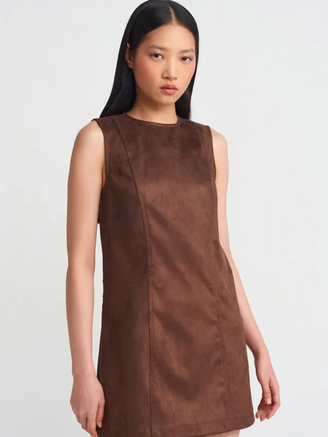 Dilvin Mouwloze Faux Leather Mini-jurk Kastanjebruin