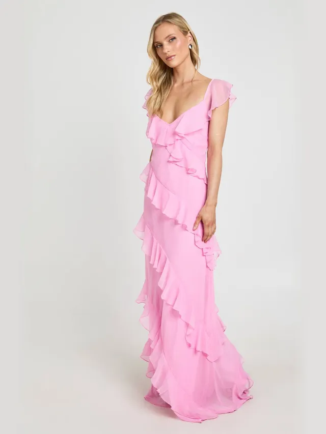 boohoo Dames Petite Chiffon Ruffle Vloerlange Maxi Jurk Roze