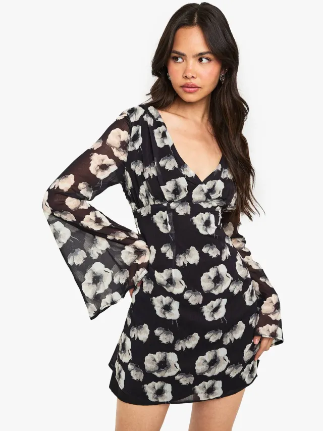 boohoo Dames Bloemen Chiffon Diep Uitgesneden Mini Jurk Zwart