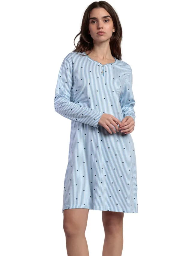 Admas Korte Jurk Admas Nachthemd met lange mouwen en ronde hals Stripes And Stars Blauw