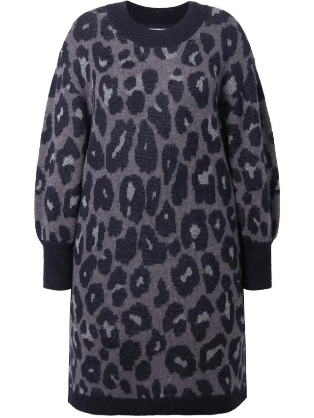 Studio Untold Dames - Gebreide jurk oversized luipaardmotief ballonmouwen - Antraciet - Maat 46+