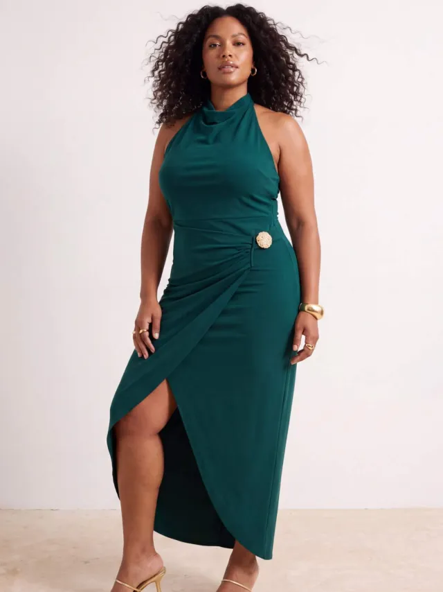 Trendyol Curve Dames Groen Effen Midi Mouwloos Bodycon Grote maten Jurk