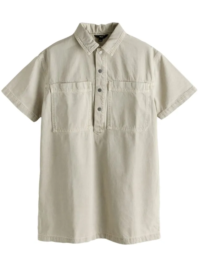 Next Dames - Denim mini-jurk in utlitystijl met korte mouwen - Tall - Naturel Neutral Beige