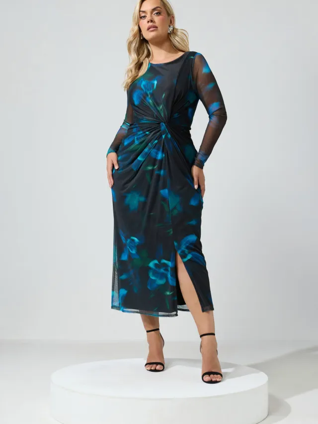 Yours London Zwarte Jurk Met Wazige Bloemenprint En Knoop Aan De Zijkant Black