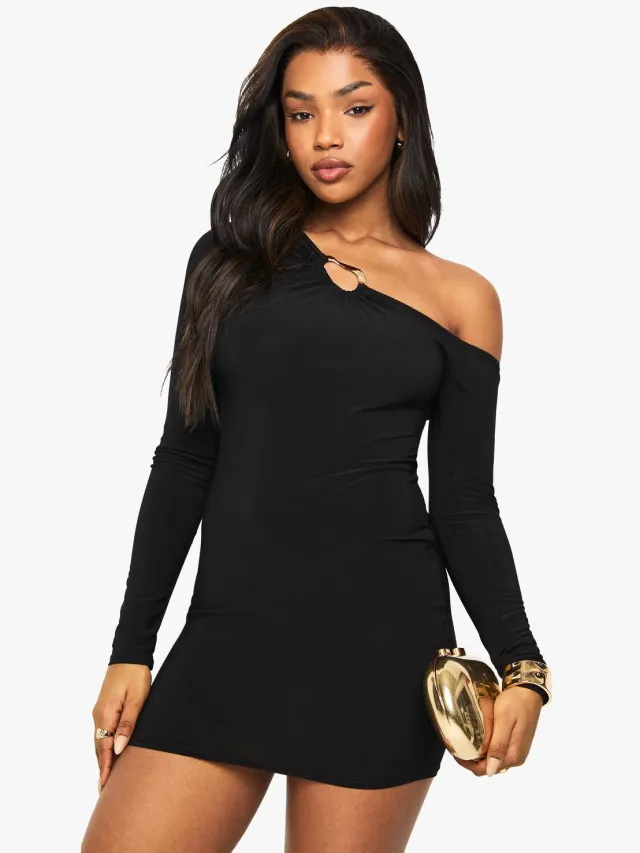 boohoo Dames Slinky asymmetrische mini-jurk met gouden trimdetail Zwart