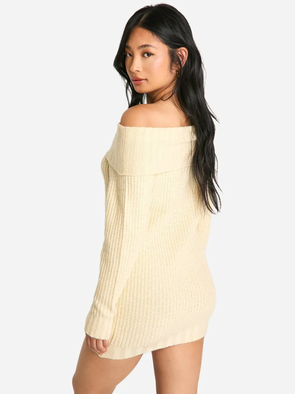boohoo Dames Petite Wide Rib Bardot Halslijn Mini Jumper Jurk steen, foto 2