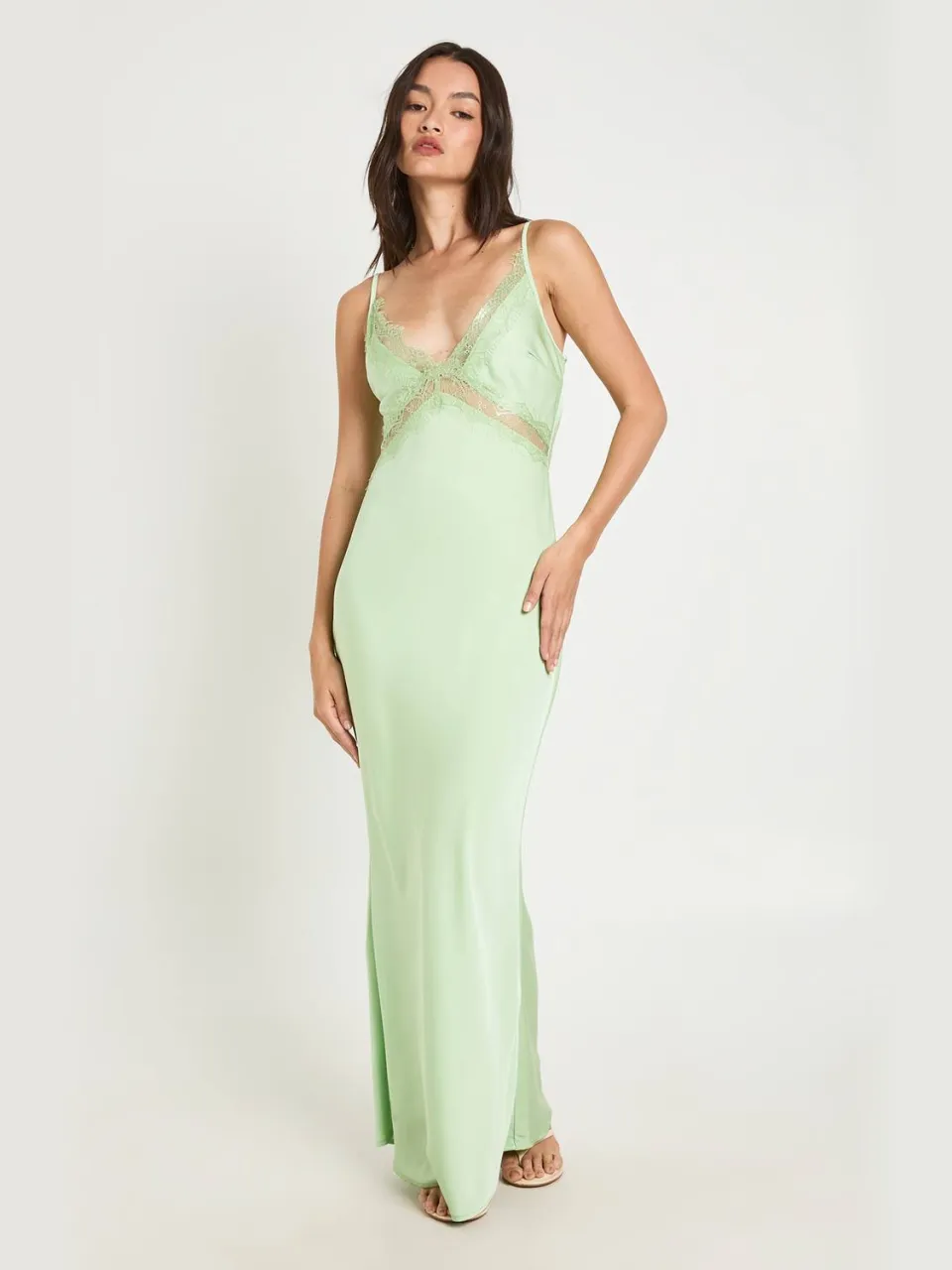 boohoo Dames Satijnen & Kanten Maxi Slip Jurk munt, foto 2