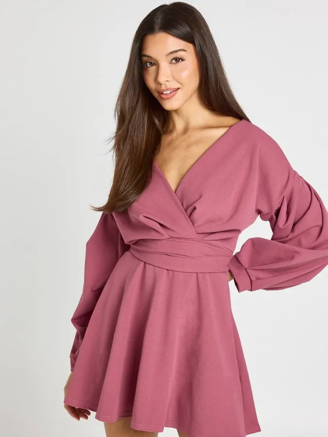 boohoo Dames Off-shoulder Wikkel Mini Jurk Mauve