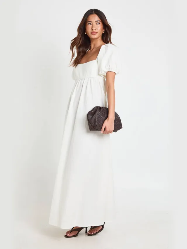 boohoo Dames Linnen Maxi Jurk Met Pofmouwen En Gerimpeld Lijfje Natural