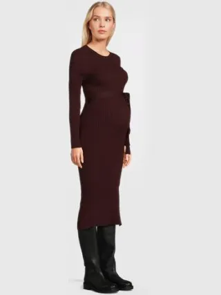 LOVE2WAIT zwangerschaps midi jurk met ceintuur donkerrood burgundy, foto 2